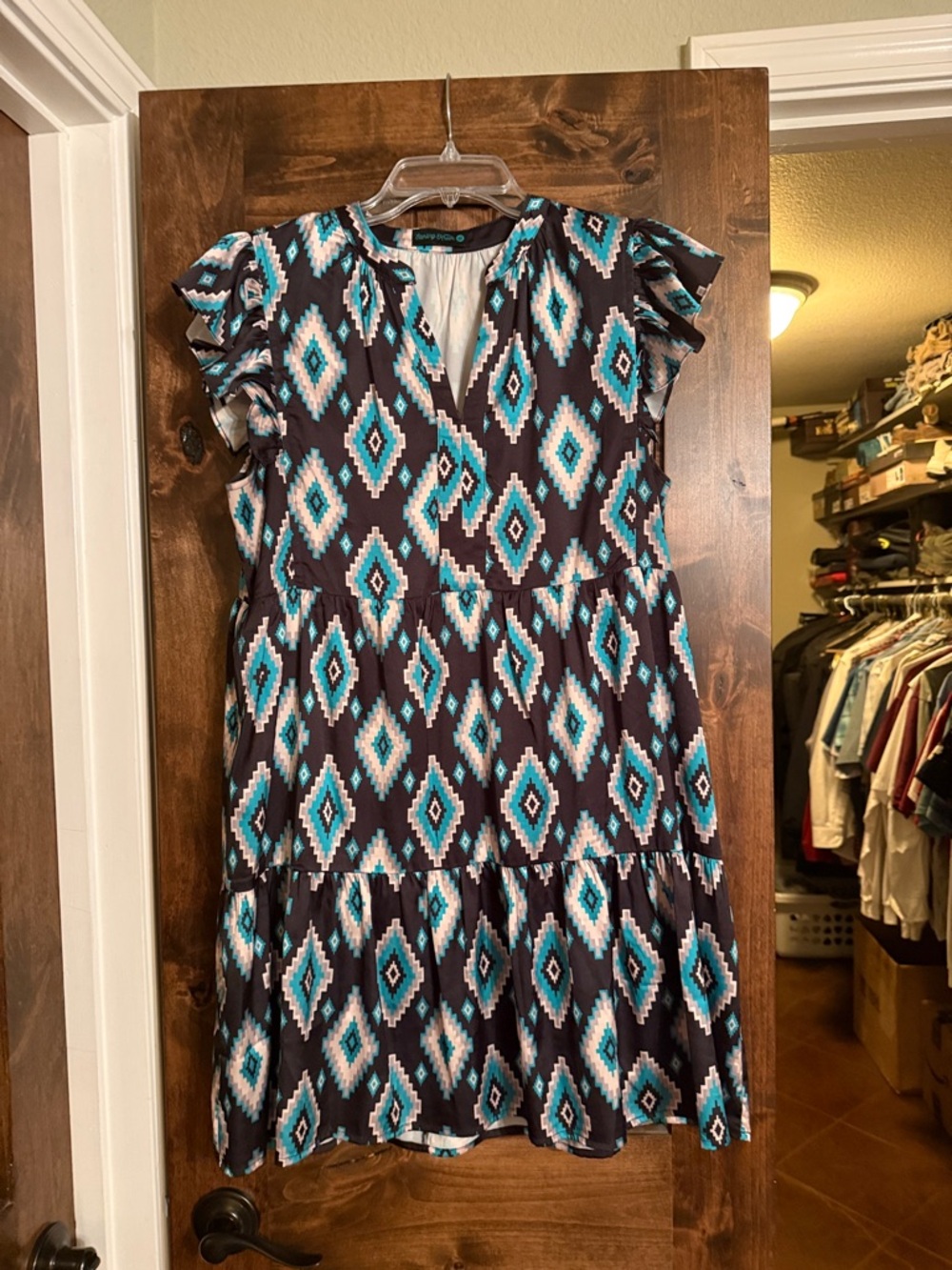 Womens Black & Teal Aztec Tiered Dress